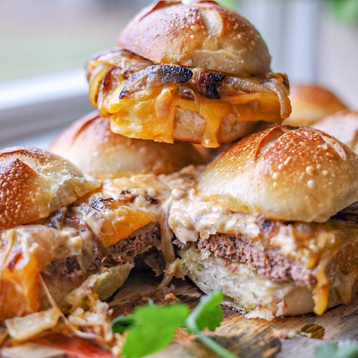 Easy Oven Hamburgers or Cheeseburger sliders sourdough buns animal style with herbs onions cheese sourdough buns