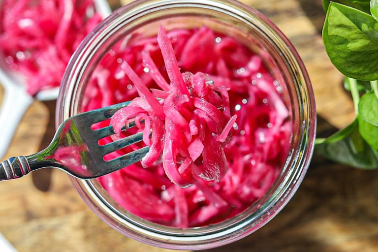 quick and easy pickled red onions in jar close up simple is gourmet