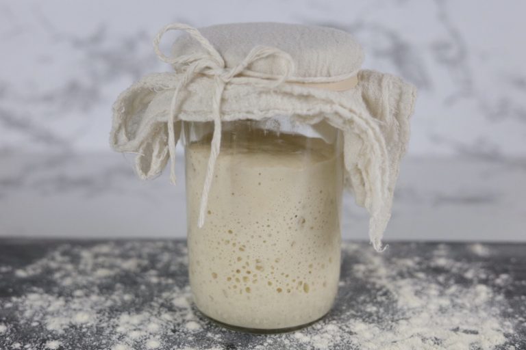 sourdough starter covered with flour and bow