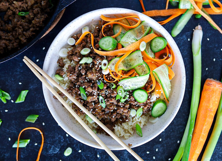 Quick and Easy Korean Beef with carrots, cucumbers, green onions simple is gourmet