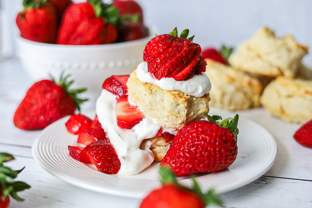 Quick Strawberry Shortcake Made with Biscuits with strawberry on top simple is gourmet