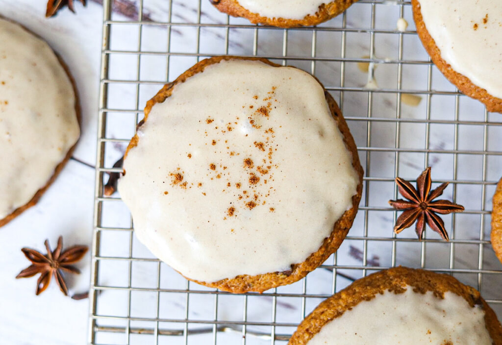 The Best Pumpkin Sourdough Cookies with Maple Frosting single cookie with maple icing simple is gourmet